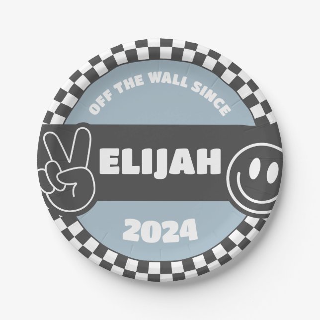 Boys' Chequered Skateboard Groovy Hippie Birthday Paper Plate (Front)