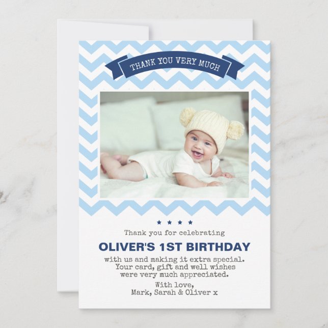 Boys chevron birthday thank you card (Front)
