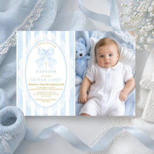 Boy's Christian Baptism Blue Bow Photo Invitation