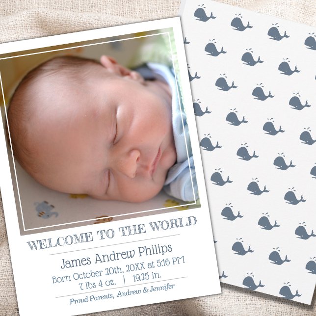 Boys Classic Square Photo Simple Birth Announcement (Creator Uploaded)