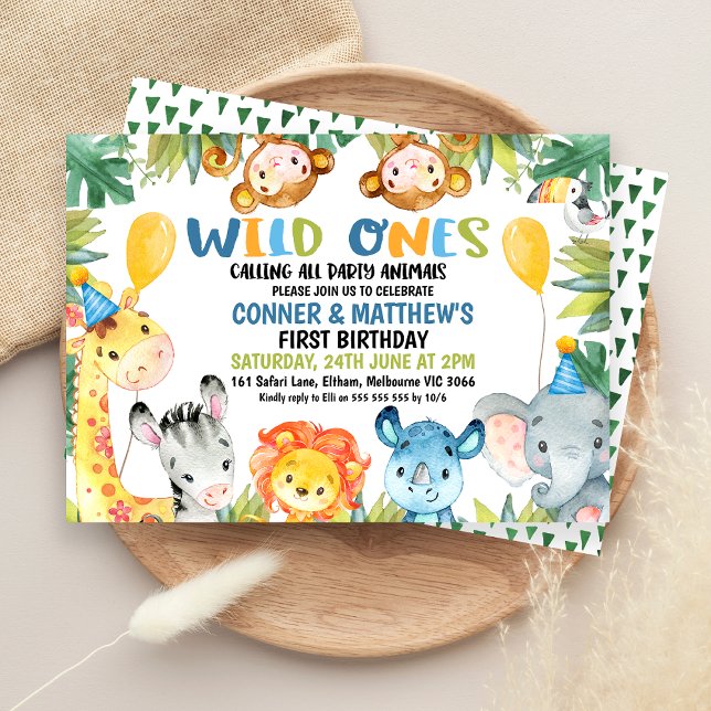 Boys Colorful Twins Wild Ones Safari 1st Birthday Invitation (Colorful Twin Boys Safari Wild Ones 1st Birthday Invitation, Party Animals, Jungle First Birthday )