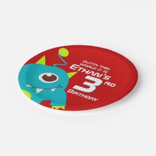 Boys colourful alien 3rd birthday customised plate