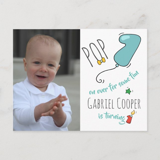 Boys Colourful Hand Drawn First Birthday Balloon Announcement Postcard (Front)