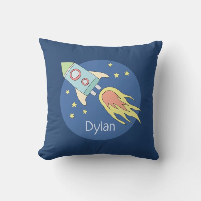 Boys Colourful Rocket Ship Space and Name Kids Cushion (Front)