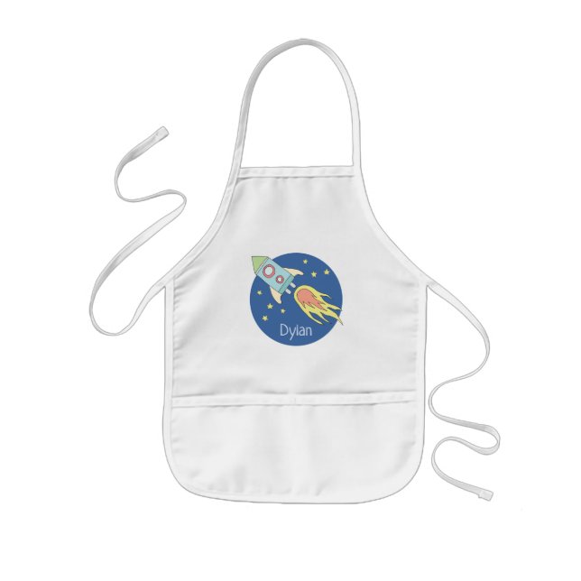 Boys Colourful Rocket Ship Space Galaxy and Name Kids Apron (Front)