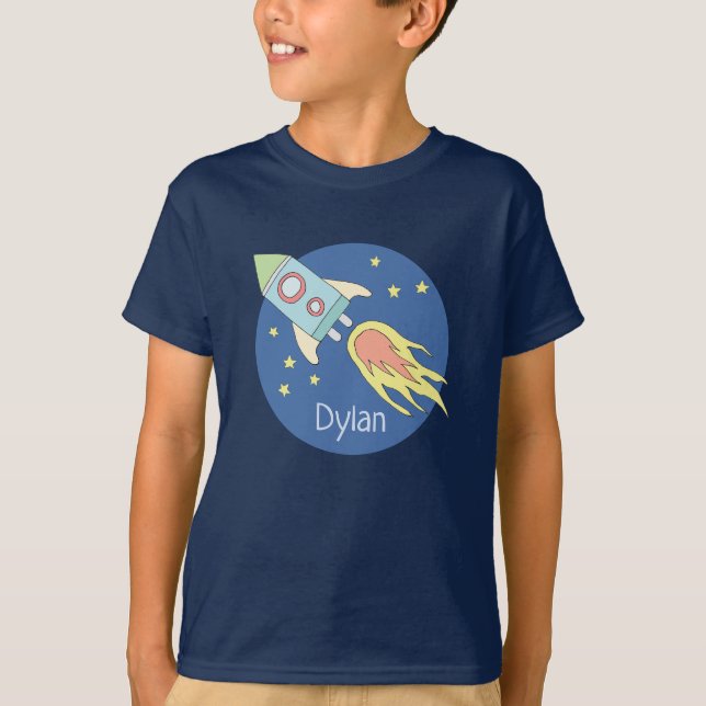 Boys Colourful Rocket Ship Space Galaxy and Name T-Shirt (Front)