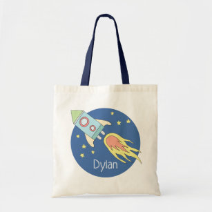 Boys Colourful Rocket Ship Space Galaxy and Name Tote Bag