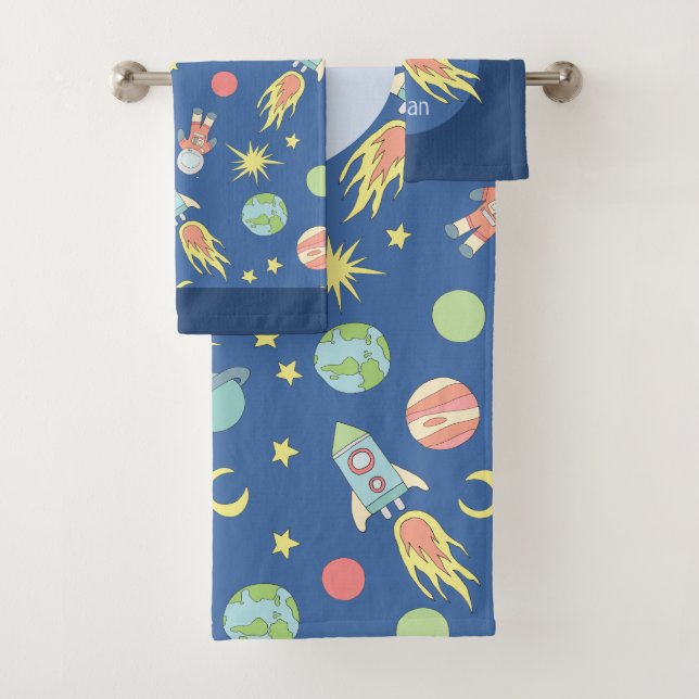 Boys Colourful Rocket Ship Space Pattern and Name Bath Towel Set (Insitu)