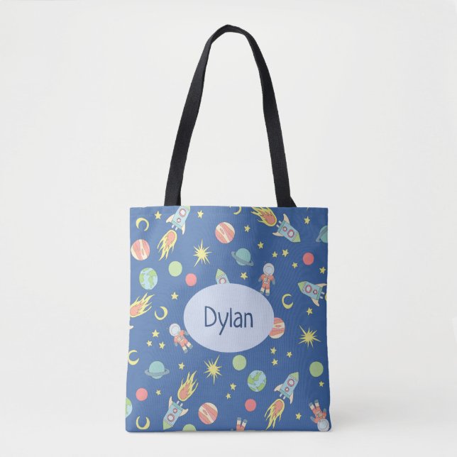 Boys Colourful Rocket Ship Space Pattern and Name Tote Bag (Front)