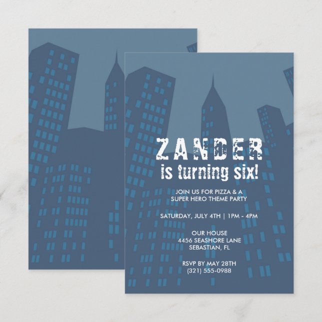 Boys Comic Book Skyline Birthday Invite (Front/Back)