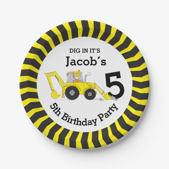 Boys construction birthday customised paper plate (Front)