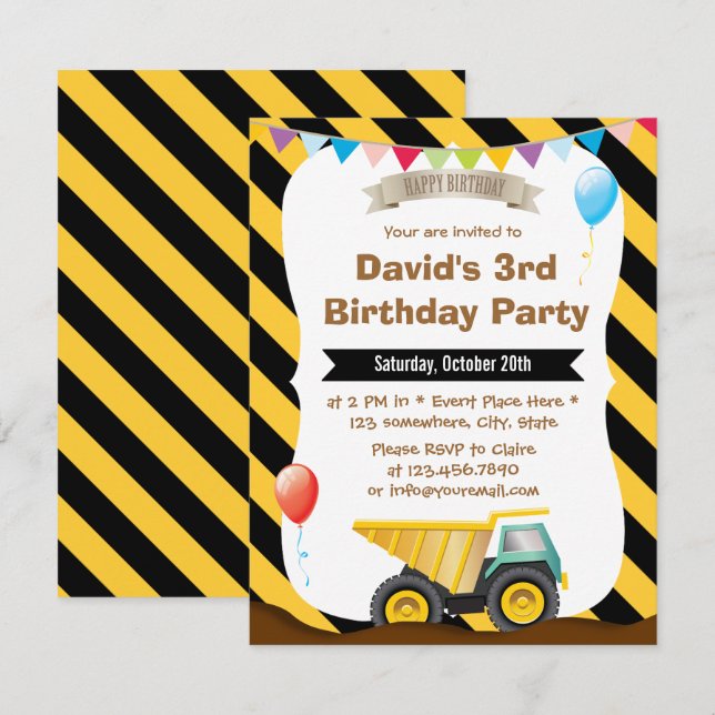 Boys Construction Birthday Party Invitation (Front/Back)