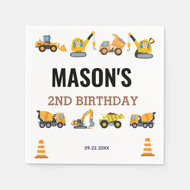 Boys Construction Birthday Party Theme Napkin (Front)