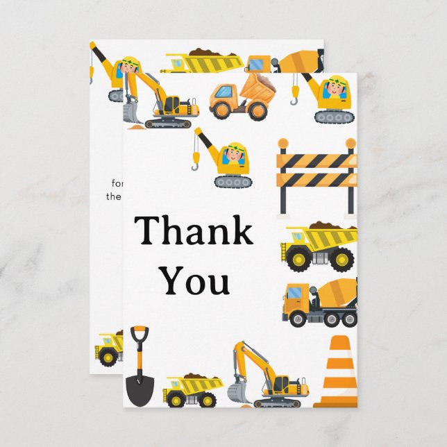 Boys Construction Birthday Party Theme Thank You Card (Front/Back)