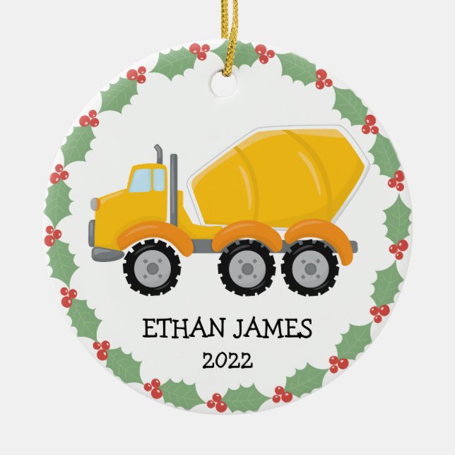 Boys Construction Cement Mixer Truck Christmas Ceramic Tree Decoration (Front)
