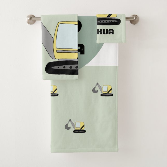 Boys Construction Digger Excavator and Name Kids Bath Towel Set (Insitu)