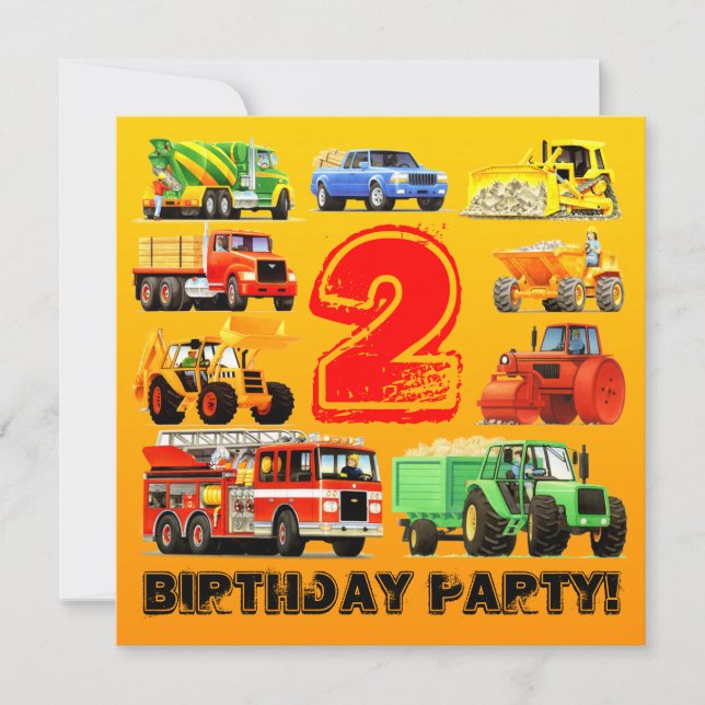 Boy's Construction Truck 2nd Birthday Party Invitation (Front)
