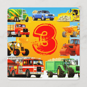 Boy's Construction Truck Themed 3rd Birthday Party Invitation