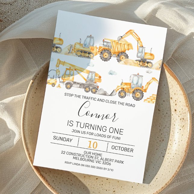 Boys Construction Vehicles Birthday Invitation  (Under Construction Themed First Birthday Invitation For Boy Modern Excavators Dump Truck Crane Road)