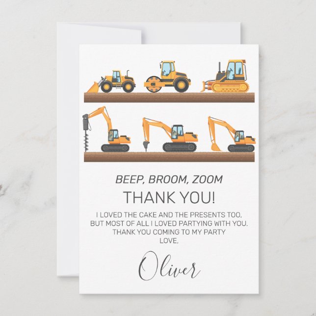 Boys Construction Vehicles Birthday Thank You Card (Front)