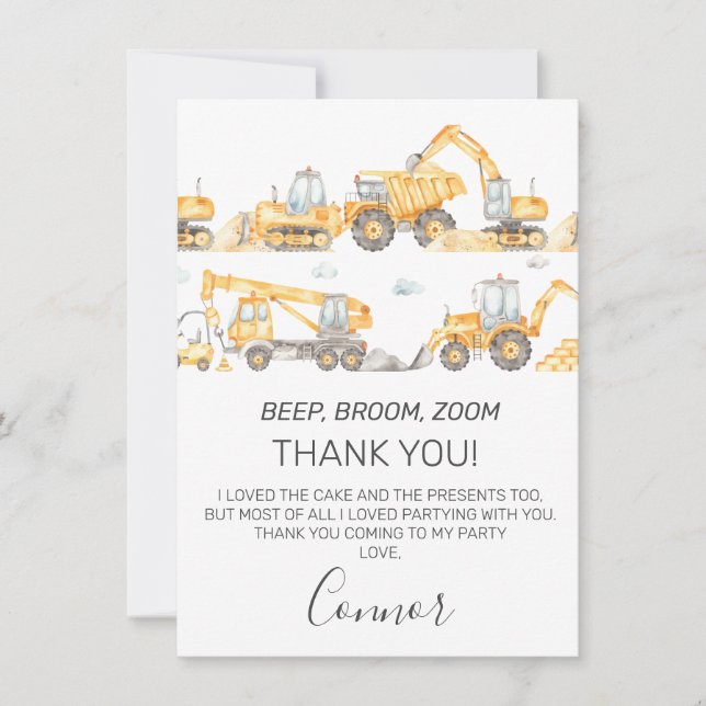 Boys Construction Vehicles Birthday Thank You Card (Front)