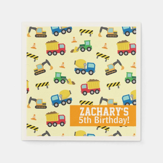 Boys Construction Vehicles Pattern Birthday Party Napkin (Front)