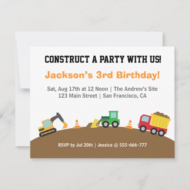 Boys Construction Vehicles Theme Birthday Party Invitation (Front)
