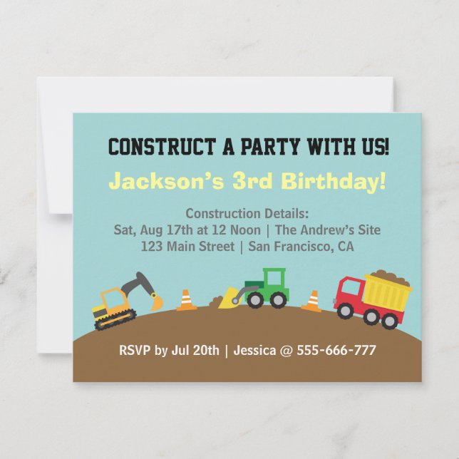 Boys Construction Vehicles Theme Birthday Party Invitation (Front)