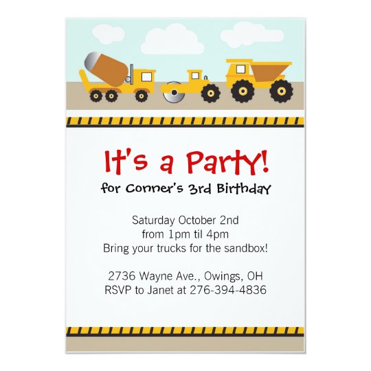 Boys contruction trucks invitation