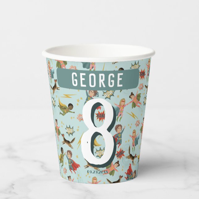 Boys Cool Blue Comic Book Superhero Kids Birthday Paper Cups (Front)