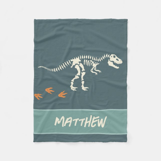 Boys Cool Blue Dinosaur Fossil Kids Fleece Blanket (Front)