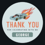 Boys Cool Blue Racing Car Kids Birthday Favour Classic Round Sticker<br><div class="desc">This modern and cool boys birthday favour sticker design features a car with wheels and hot flames. The stickers can be personalised with a name. The perfect addition to your hot car party!</div>