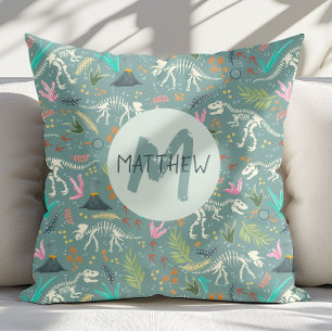 Boys Cool Dinosaur Fossil Pattern Monogram Kids Cushion