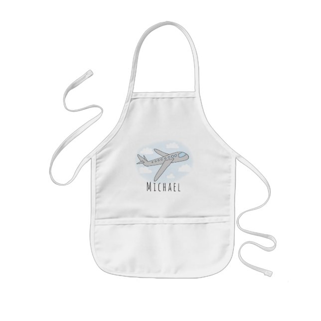 Boy's Cool Doodle Aeroplane Sky & Name Kids Apron (Front)