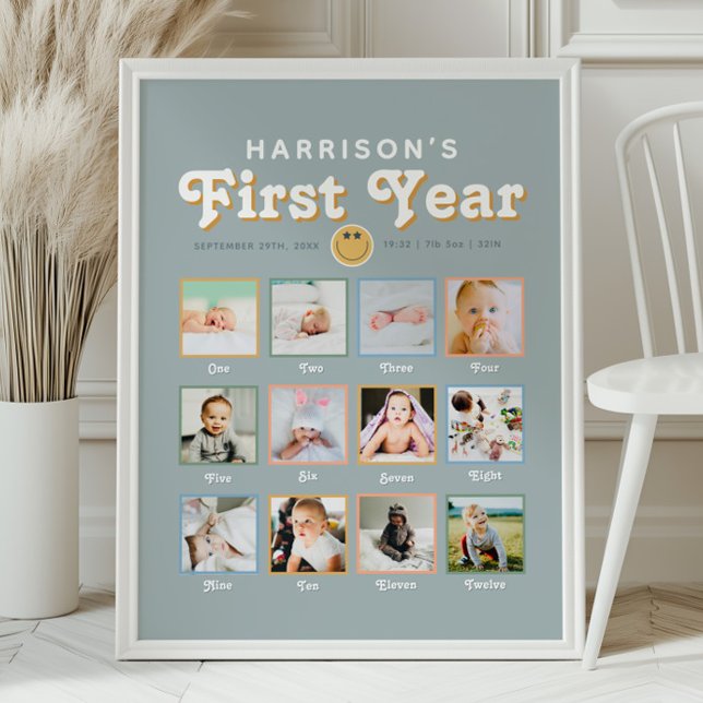 Boys Cool Dude First Year Birthday Photo Collage Poster (Creator Uploaded)