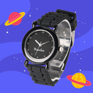 Boys Cool Modern Black Stylish Custom Name Kids Watch