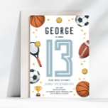 Boys Cool Modern Sports Star Birthday Invitation<br><div class="desc">This cute and modern sports-themed kids birthday invitation design features a sports cartoon design, with a basketball, football, soccer ball, tennis racket, trophy, and stars. The invite can be personalised with your boys name and other details necessary for your party. The perfect sports-themed addition to your child's 13th birthday party...</div>
