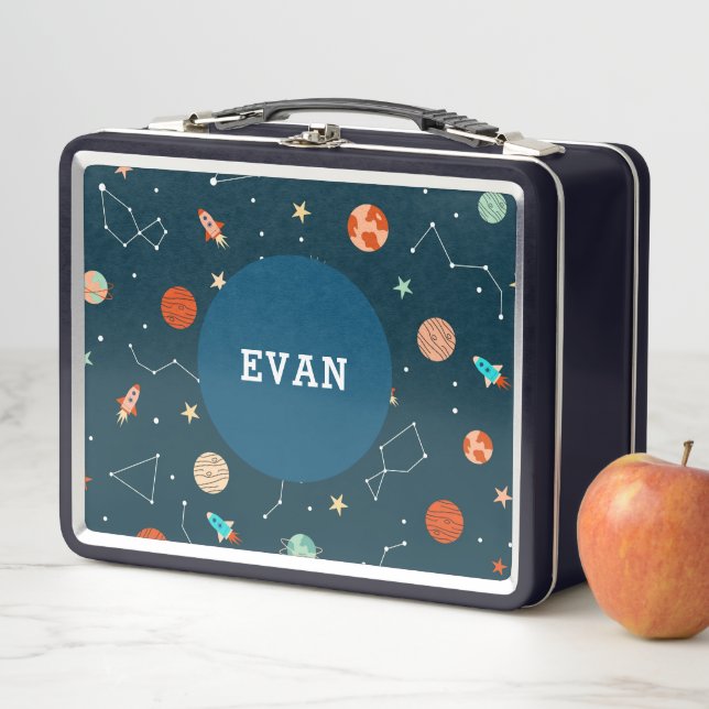 Boys Cool Outer Space Planets Rockets Personalised Metal Lunch Box (In Situ)