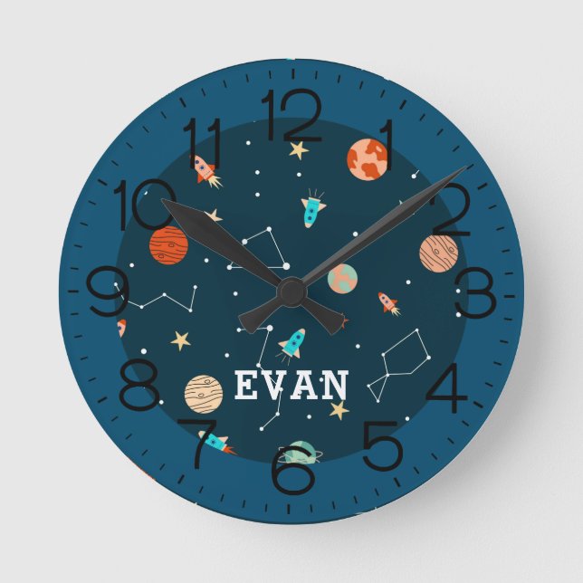 Boys Cool Outer Space Planets Rockets Personalised Round Clock (Front)