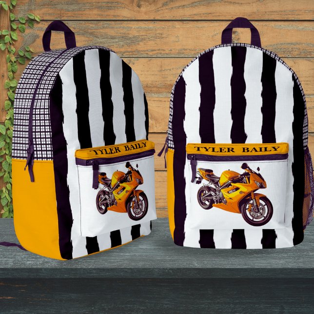 Boys Cool Racing Motorbike Black & White Stripe  Printed Backpack (Creator Uploaded)