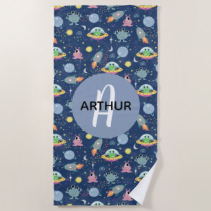 Boys Cool Space Pattern Rocket Ship Alien Kids Beach Towel