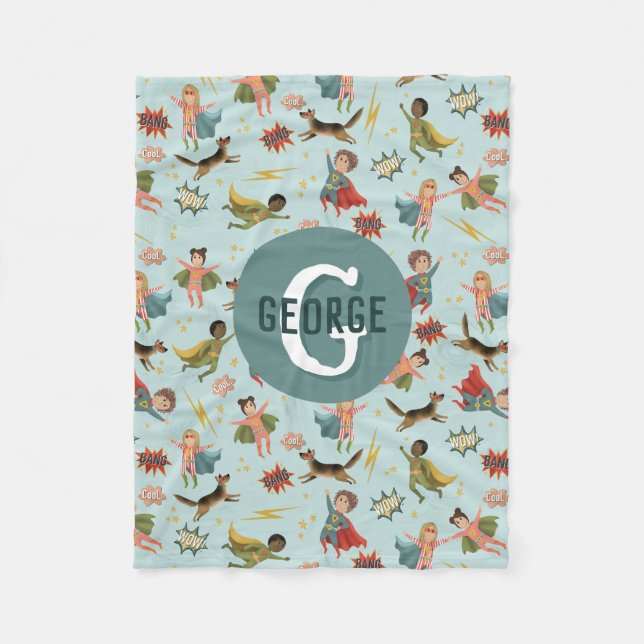 Boys Cool Superhero Pattern Monogram Name Kids Fleece Blanket (Front)