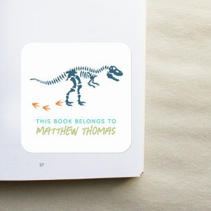 Boys Cool T-Rex Dinosaur Kids Bookplate Square Sticker