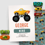Boys Cool Truck Kids Birthday Invitation<br><div class="desc">This modern and cool boys 9th birthday invitation design features a truck with hot flames, with a matching blue racing car, wheel, and motorbike pattern on the back. The card can be personalised with a name and other details necessary for your monster party. Set as a ninth birthday invite, but...</div>