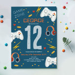 Boys Cool Video Game Kids 12th Birthday Invitation<br><div class="desc">This cool and modern video game-themed kids birthday invitation design features a bright blue gaming cartoon design, with a controller, headset, health hearts, lightening bolts, coins, and stars. The invite can be personalised with your boy's name and other details necessary for your party. The perfect gamer-themed addition to your child's...</div>