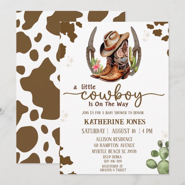 Boys Cowboy Cow Print Baby Shower   Invitation (Front/Back)