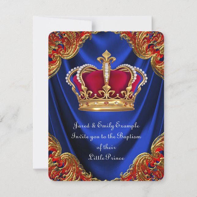 Boys Crown Prince Baptism Royal Blue Satin Invitation (Front)