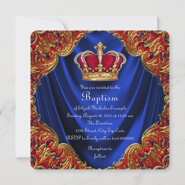 Boys Crown Prince Baptism Royal Blue Satin Invitation (Back)