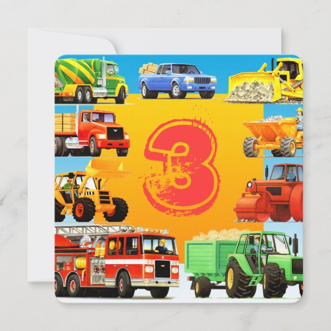 Boy's Custom 3rd Birthday Construction Truck Party Invitation (Front)