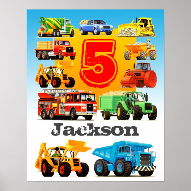 Boy's Custom Name and Age 5th Construction Truck Poster (Front)